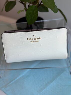 kate spade White Saffiano Zip-Around Wallet with Gold Logo